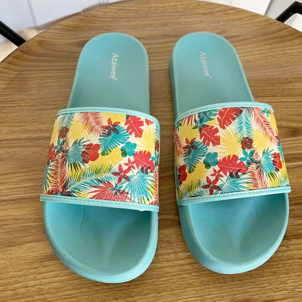 NEW Beach Slides Sandals Size 10 Sunset Palm Tree Blue Slip On Comfort Unisex - Picture 2 of 16